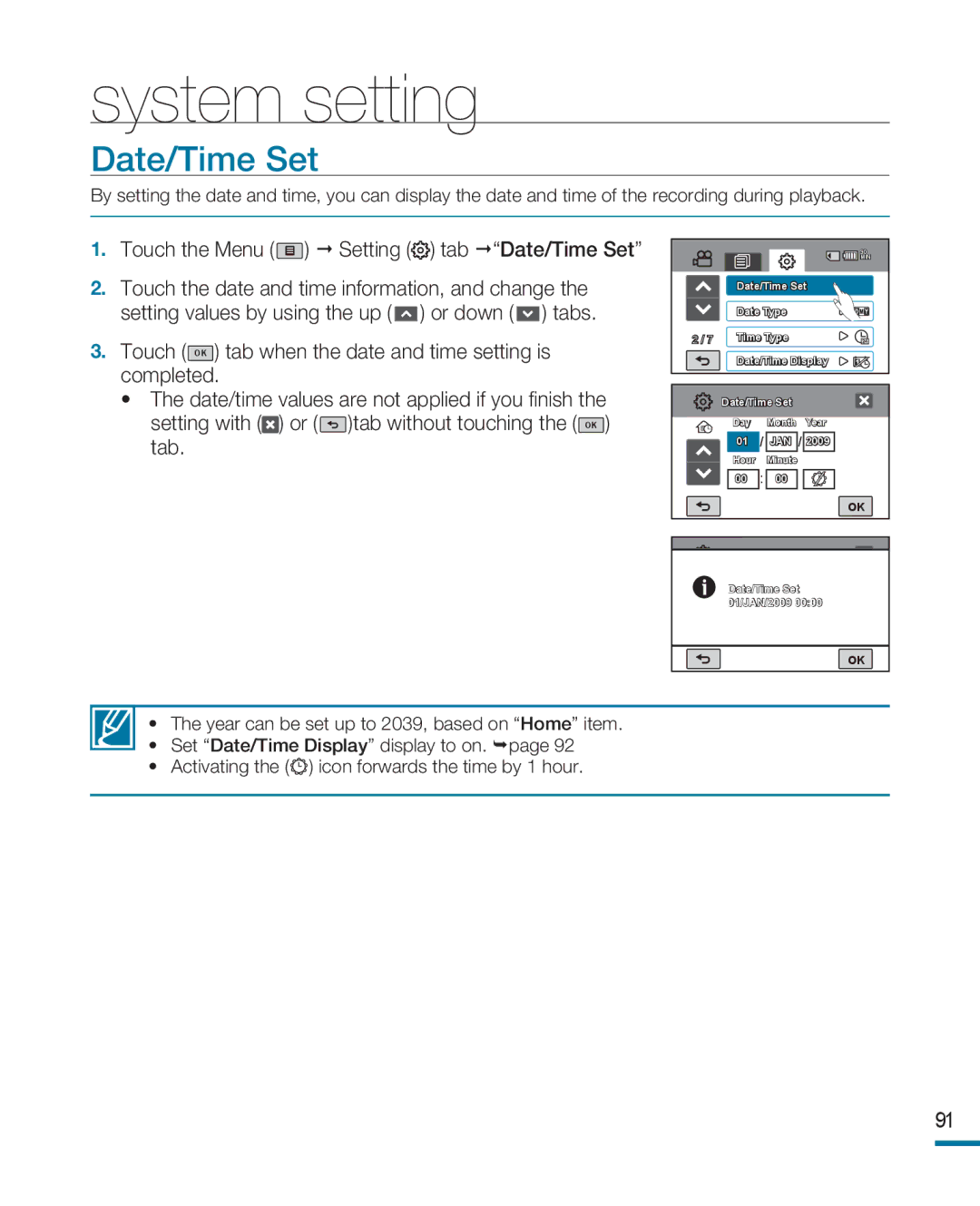 Samsung HMX-R10BP/EDC, HMX-R10SP/EDC, HMX-R10BP/MEA, HMX-R10SP/MEA, HMX-R10BP/AAW, HMX-R10SP/AAW System setting, Date/Time Set 