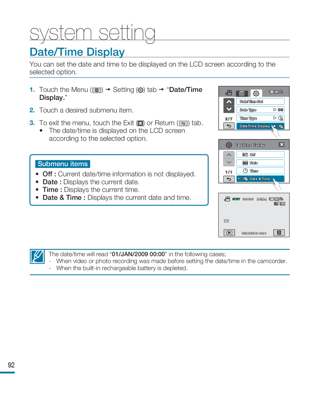 Samsung HMX-R10SP/EDC, HMX-R10BP/EDC, HMX-R10BP/MEA, HMX-R10SP/MEA, HMX-R10BP/AAW manual Date/Time Display, Submenu items 