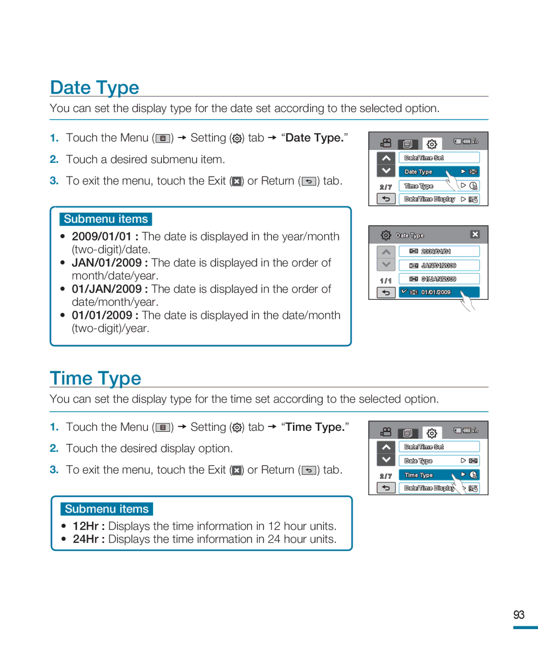 Samsung HMX-R10BP/MEA, HMX-R10BP/EDC, HMX-R10SP/EDC, HMX-R10SP/MEA, HMX-R10BP/AAW, HMX-R10SP/AAW manual Date Type, Time Type 