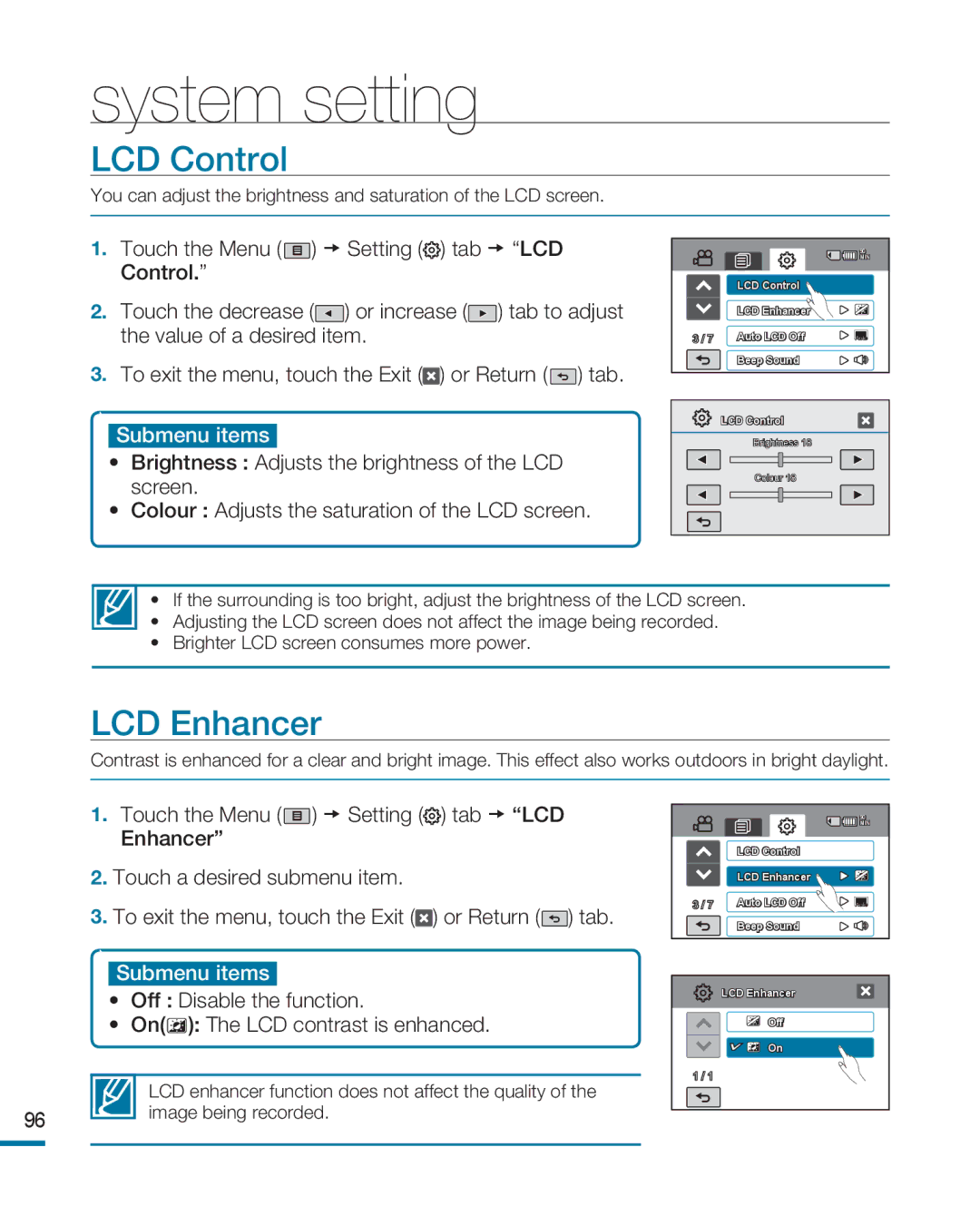 Samsung HMX-R10SP/AAW, HMX-R10BP/EDC LCD Control, LCD Enhancer, Off Disable the function On The LCD contrast is enhanced 