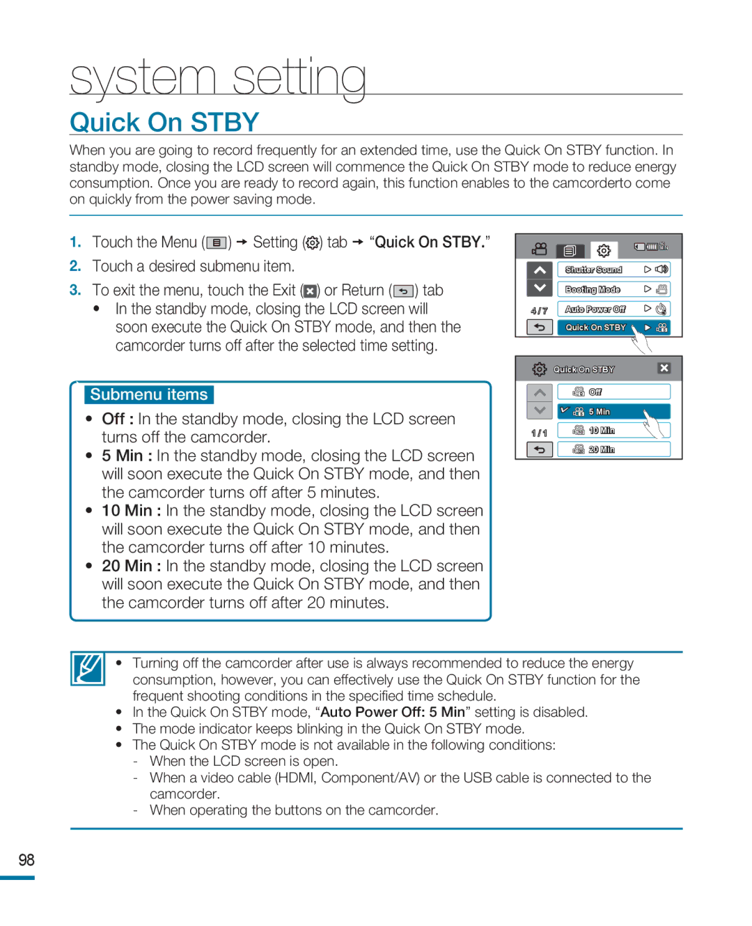 Samsung HMX-R10SP/XEB, HMX-R10BP/EDC, HMX-R10SP/EDC, HMX-R10BP/MEA, HMX-R10SP/MEA, HMX-R10BP/AAW, HMX-R10SP/AAW Quick On Stby 