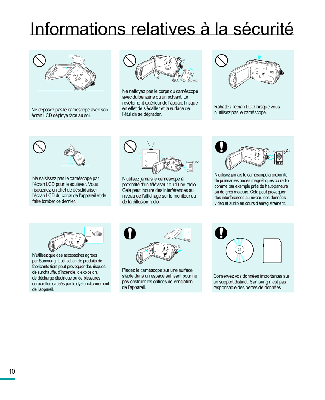 Samsung HMX-R10BP/EDC, HMX-R10SP/EDC manual QIRUPDWLRQVUHODWLYHVjODVpFXULWp 