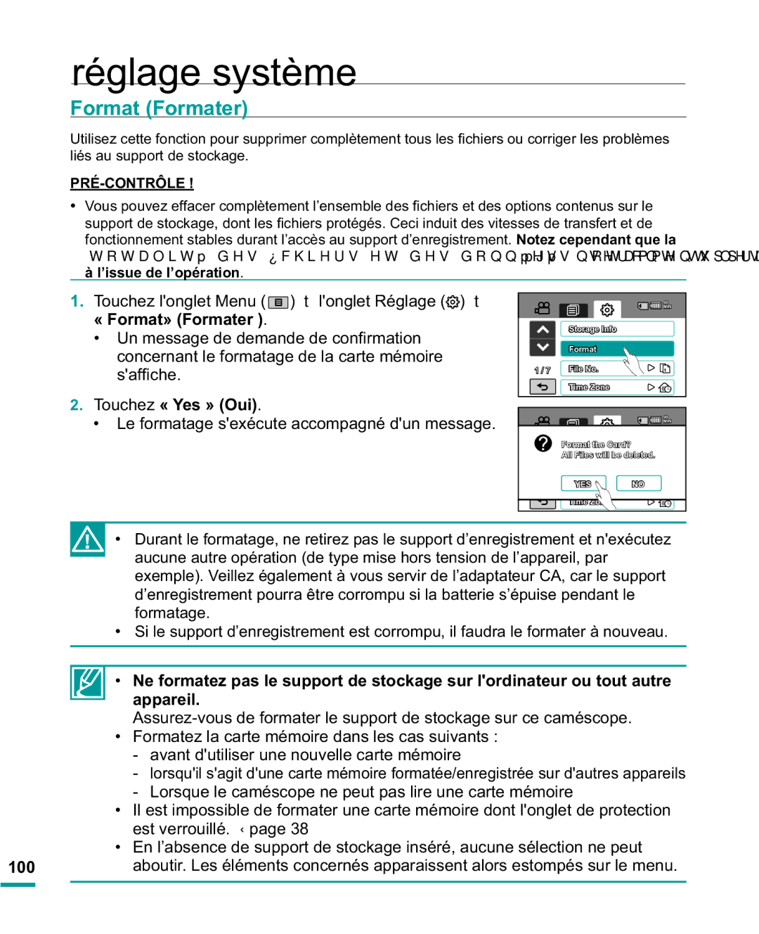 Samsung HMX-R10BP/EDC, HMX-R10SP/EDC manual Format Formater, « Format» Formater, 7RXFKH« Yes » Oui 