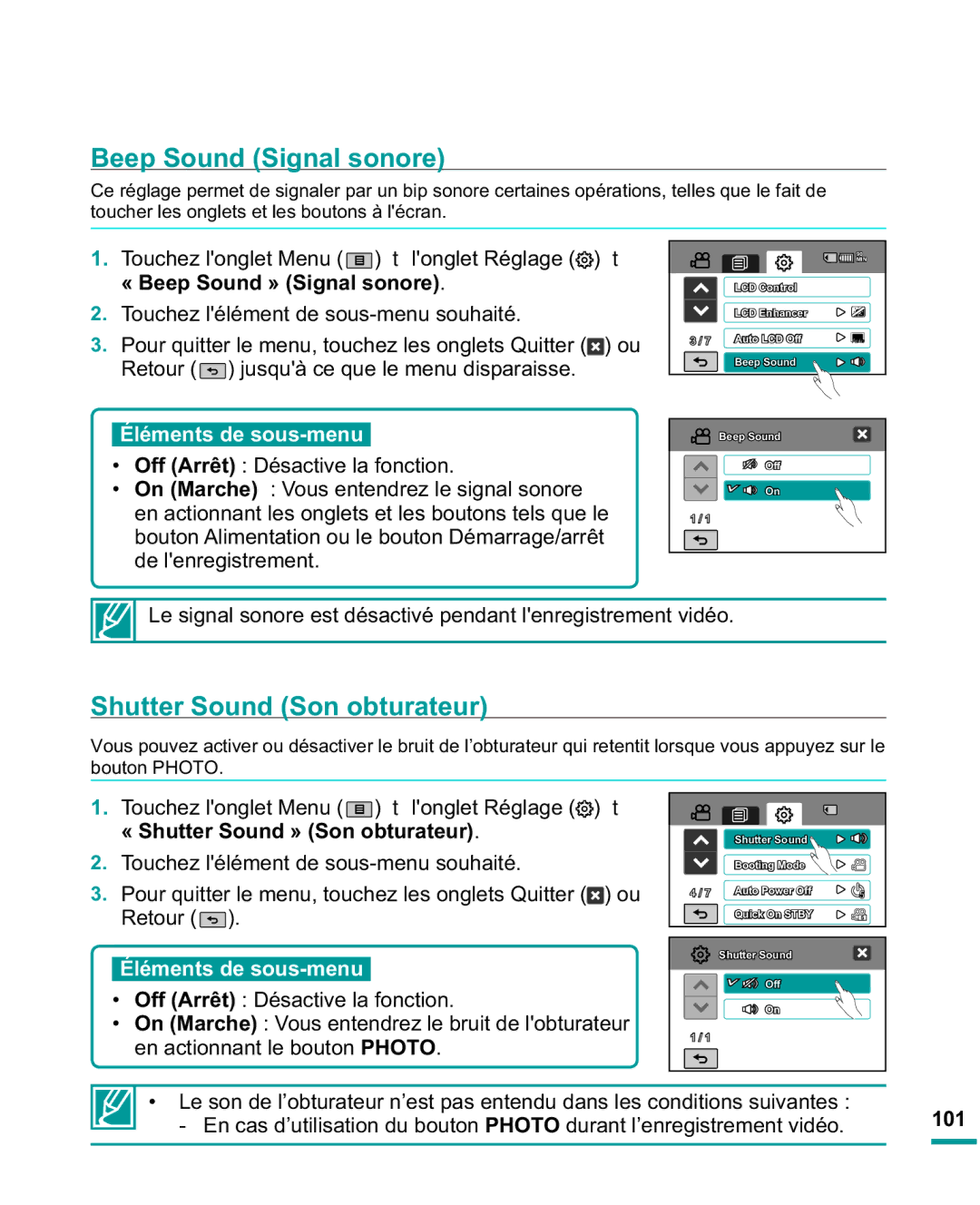 Samsung HMX-R10SP/EDC manual Beep Sound Signal sonore, Shutter Sound Son obturateur, « Beep Sound » Signal sonore, 101 