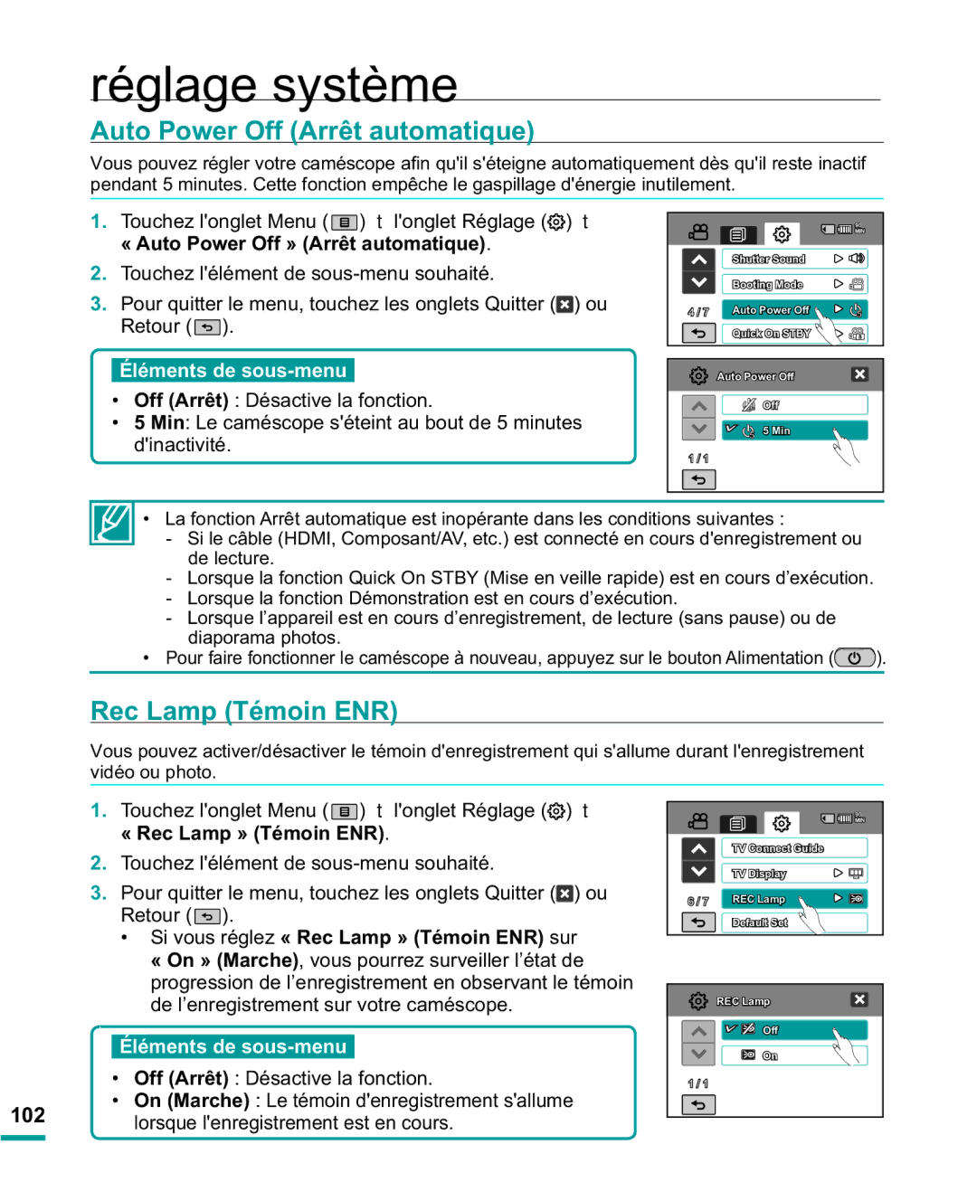 Samsung HMX-R10BP/EDC manual Auto Power Off Arrêt automatique, Rec Lamp Témoin ENR, « Auto Power Off » Arrêt automatique 