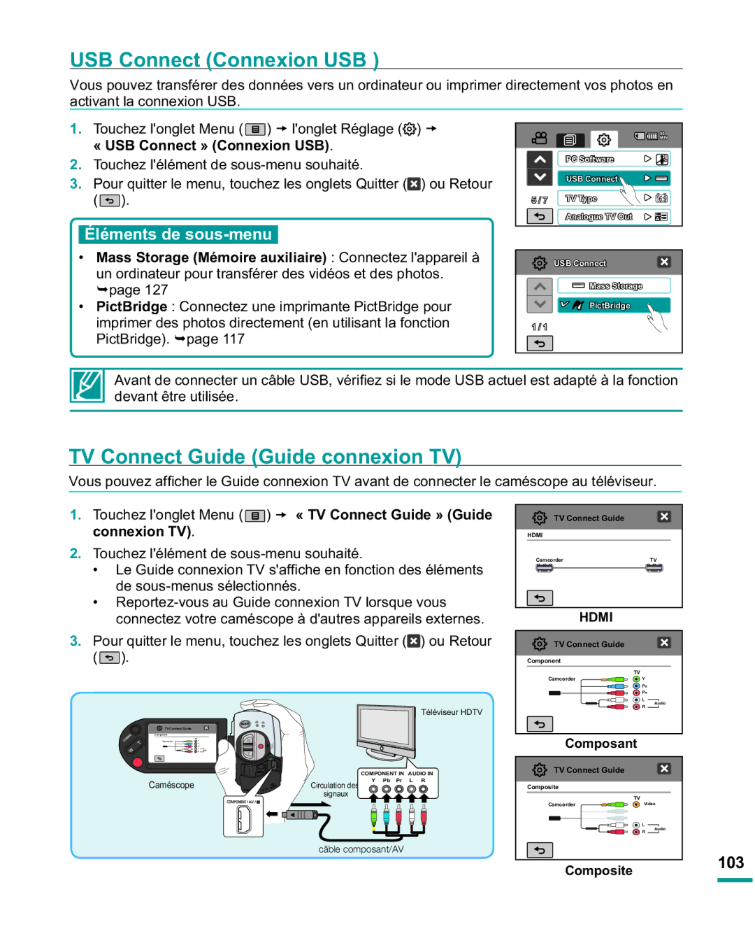 Samsung HMX-R10SP/EDC, HMX-R10BP/EDC 103, 7RXFKHO RQJOHW0HQX tO RQJOHW5pJODJH t, « USB Connect » Connexion USB 