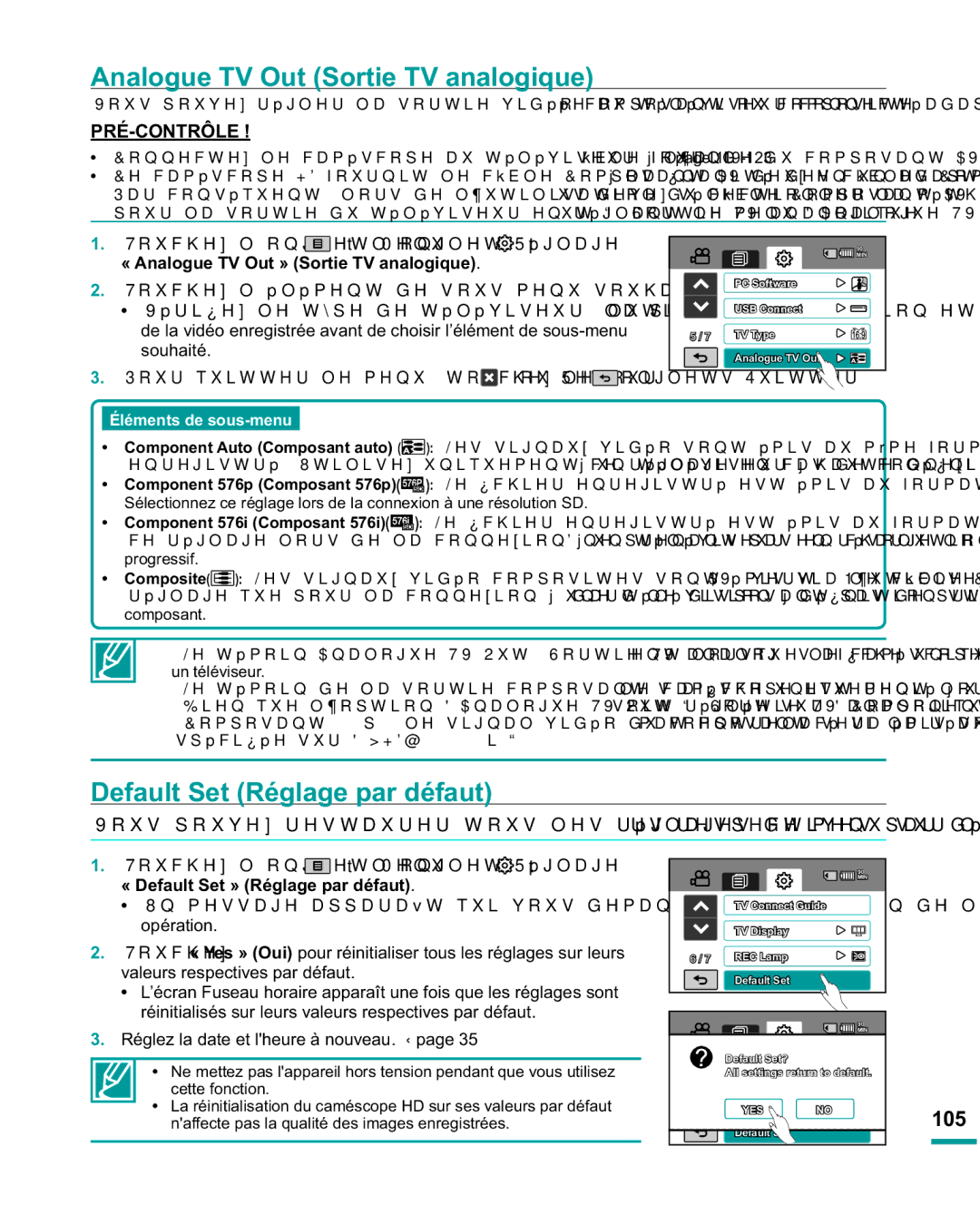 Samsung HMX-R10SP/EDC, HMX-R10BP/EDC manual Analogue TV Out Sortie TV analogique, Default Set Réglage par défaut, 105 