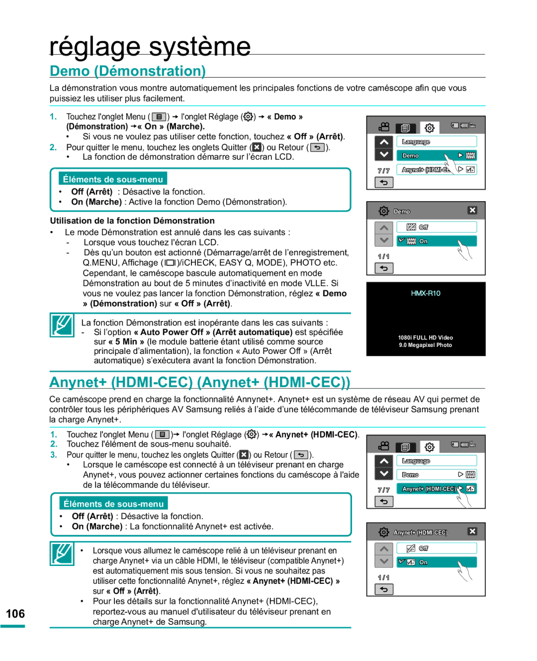 Samsung HMX-R10BP/EDC manual Demo Démonstration, Anynet+ HDMI-CEC Anynet+ HDMI-CEC, Off Arrêt Désactive la fonction 