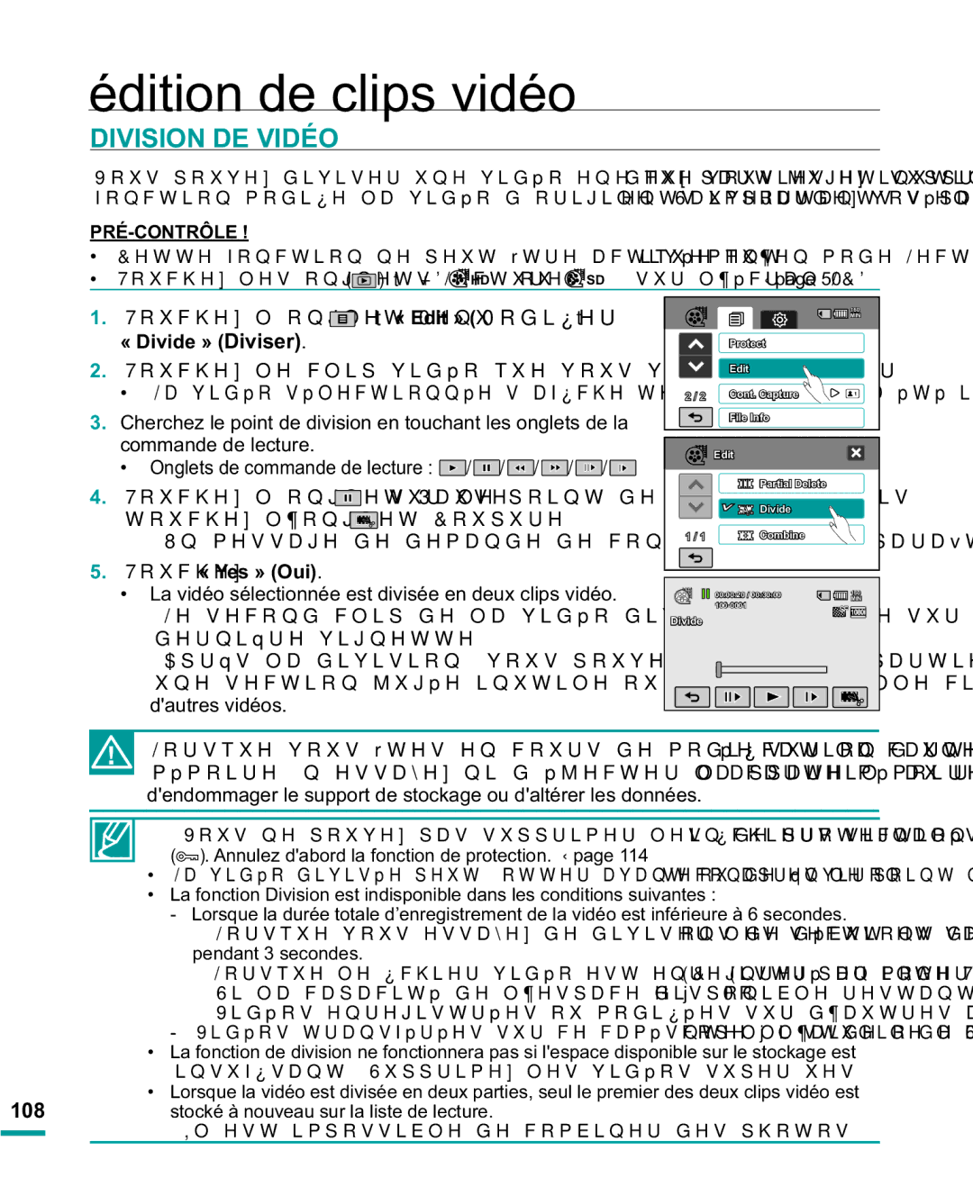 Samsung HMX-R10BP/EDC, HMX-R10SP/EDC manual Division DE Vidéo, « Divide » Diviser, 7RXFKH« Yes » Oui 