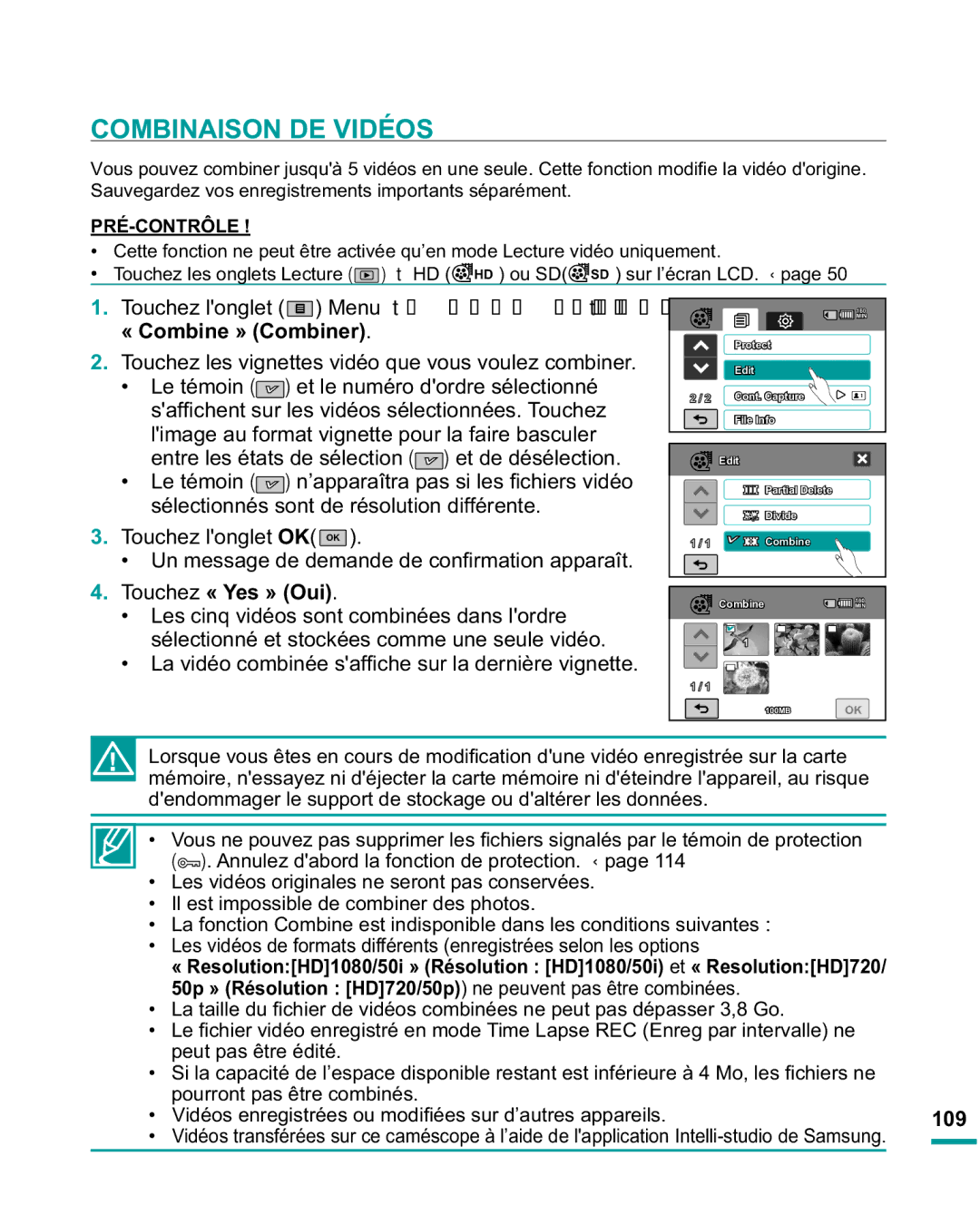 Samsung HMX-R10SP/EDC, HMX-R10BP/EDC manual Combinaison DE Vidéos, « Combine » Combiner, 7RXFKHO RQJOHWOK OK , 109 