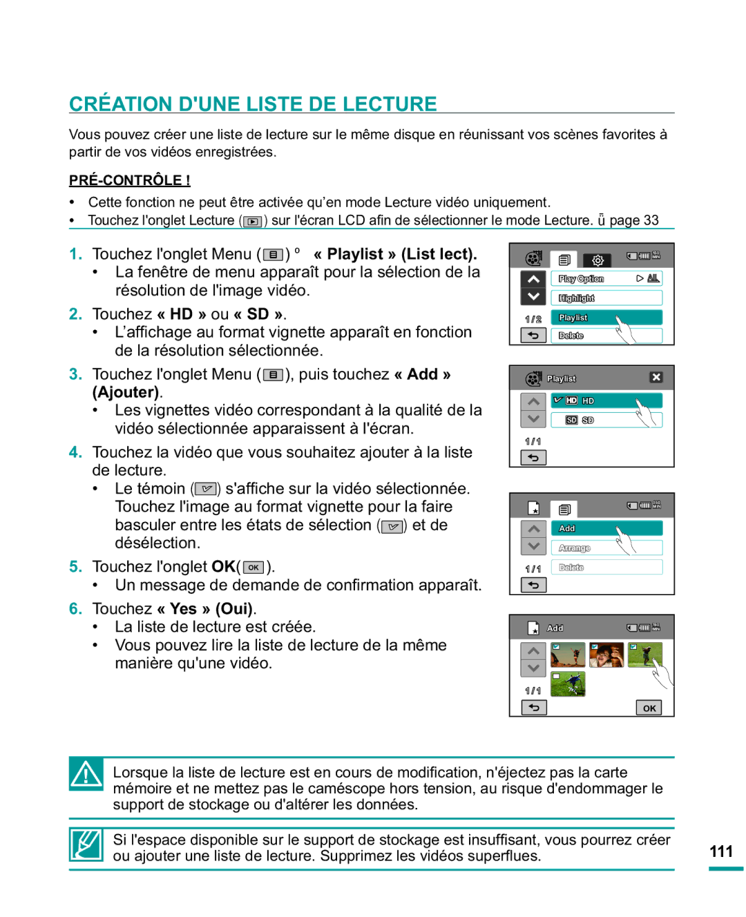 Samsung HMX-R10SP/EDC, HMX-R10BP/EDC Création Dune Liste DE Lecture, Résolution de limage vidéo, 7RXFKH« HD » ou « SD » 