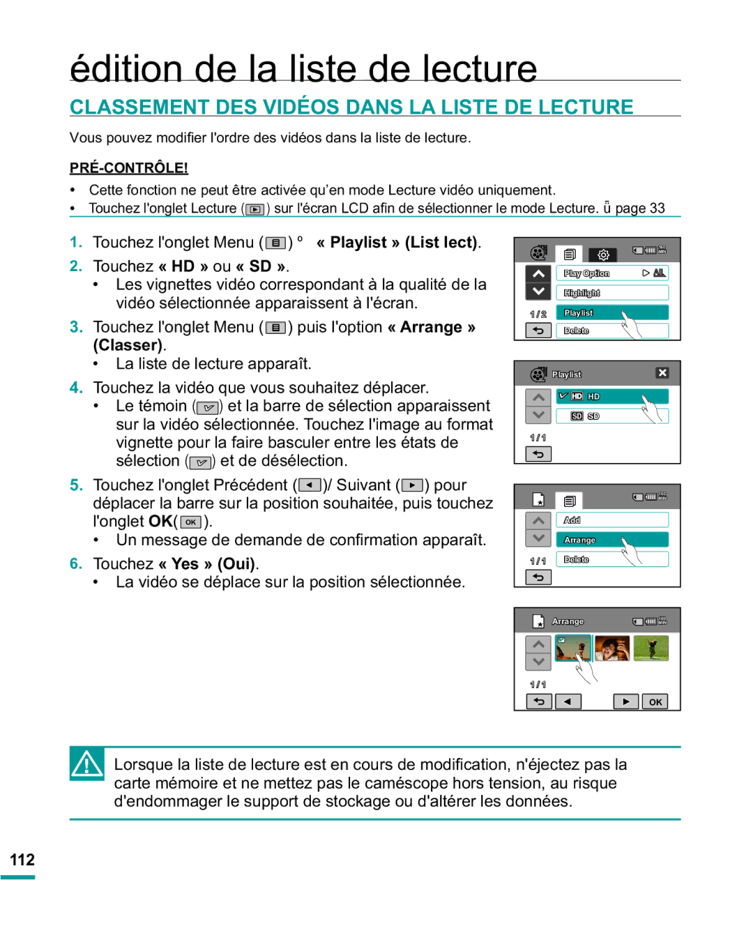 Samsung HMX-R10BP/EDC, HMX-R10SP/EDC manual Classement DES Vidéos Dans LA Liste DE Lecture, 112 