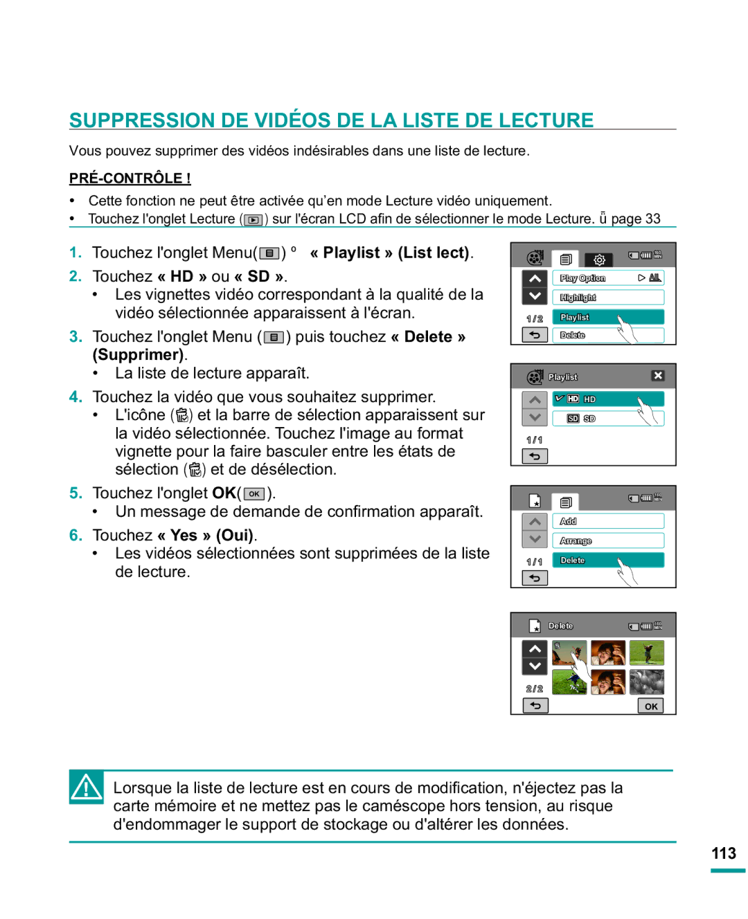 Samsung HMX-R10SP/EDC Suppression DE Vidéos DE LA Liste DE Lecture, Licône et la barre de sélection apparaissent sur, 113 