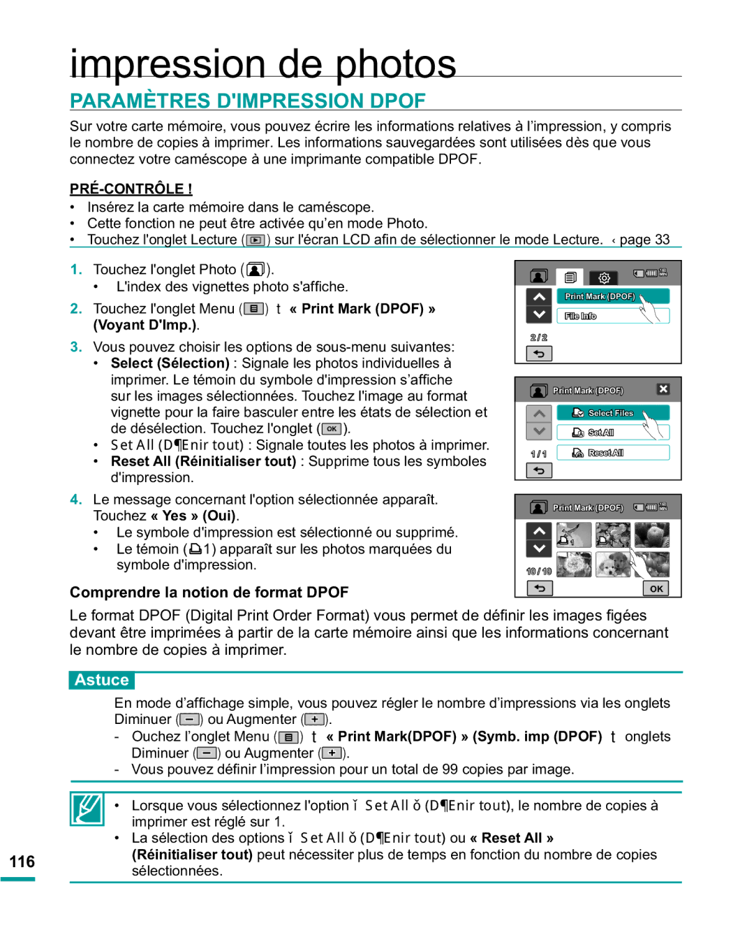 Samsung HMX-R10BP/EDC manual Impression de photos, Paramètres Dimpression Dpof, Astuce, Comprendre la notion de format Dpof 