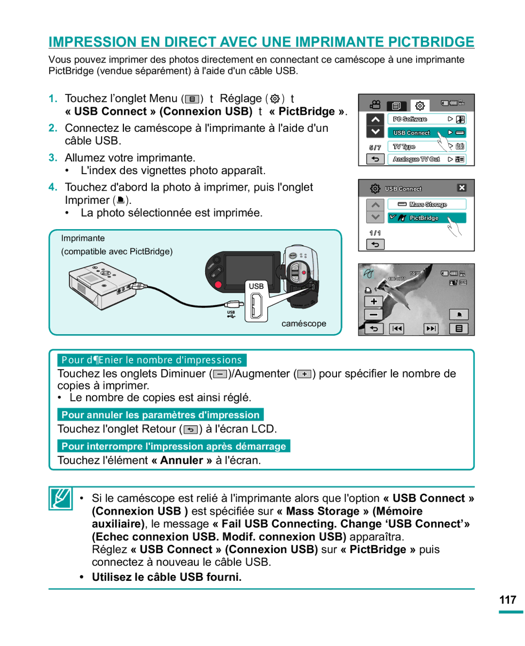 Samsung HMX-R10SP/EDC manual Impression EN Direct Avec UNE Imprimante Pictbridge, 7RXFKHO¶RQJOHW0HQX t Réglage t 