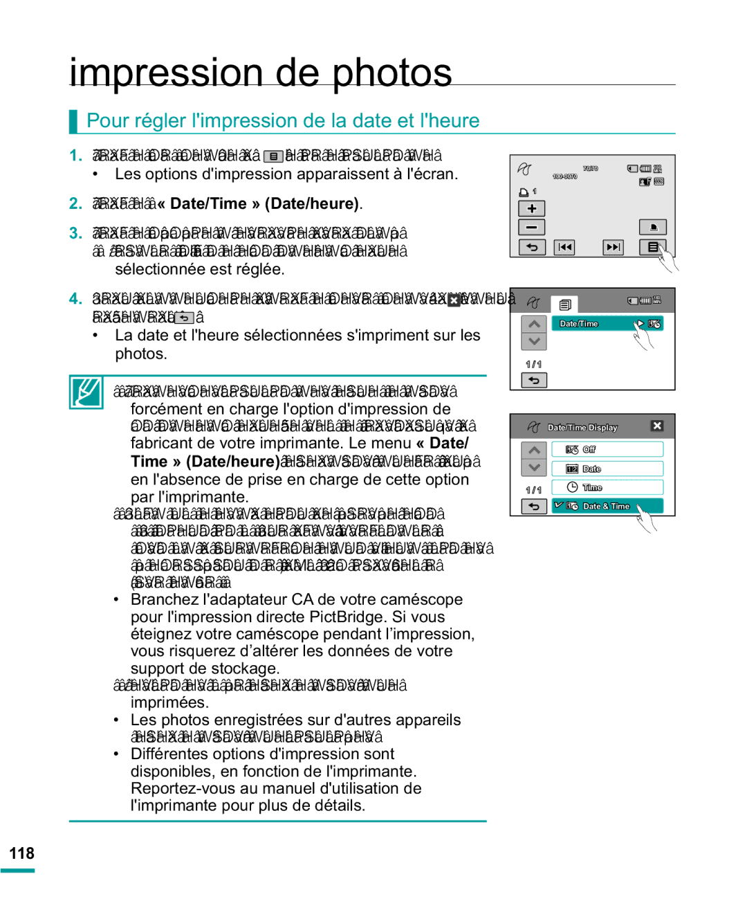 Samsung HMX-R10BP/EDC, HMX-R10SP/EDC Pour régler limpression de la date et lheure, 7RXFKH« Date/Time » Date/heure, 118 