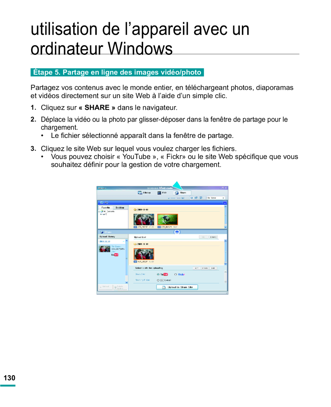 Samsung HMX-R10BP/EDC, HMX-R10SP/EDC manual Étape 5. Partage en ligne des images vidéo/photo, 130 