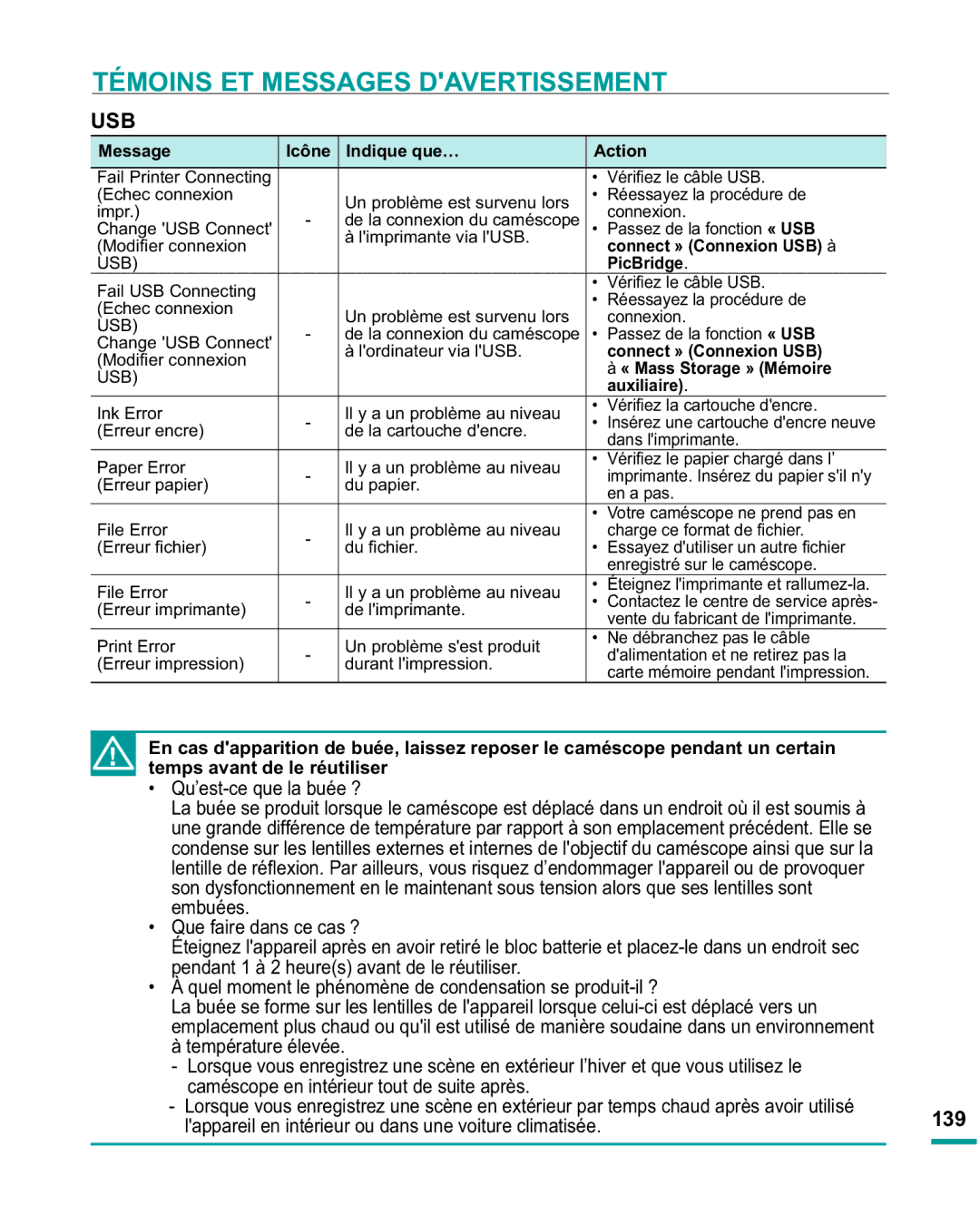 Samsung HMX-R10SP/EDC, HMX-R10BP/EDC manual 139, Qu’est-ce que la buée ?, Embuées Que faire dans ce cas ? 