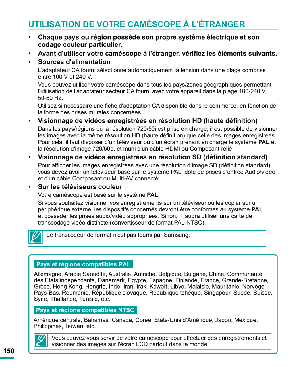 Samsung HMX-R10BP/EDC Utilisation DE Votre Caméscope À Létranger, Sources dalimentation, Sur les téléviseurs couleur, 150 