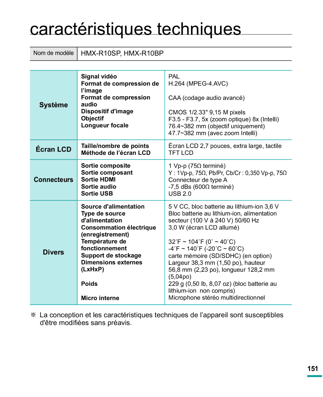 Samsung HMX-R10SP/EDC, HMX-R10BP/EDC manual Caractéristiques techniques, HMX-R10SP, HMX-R10BP, Écran LCD, 151 
