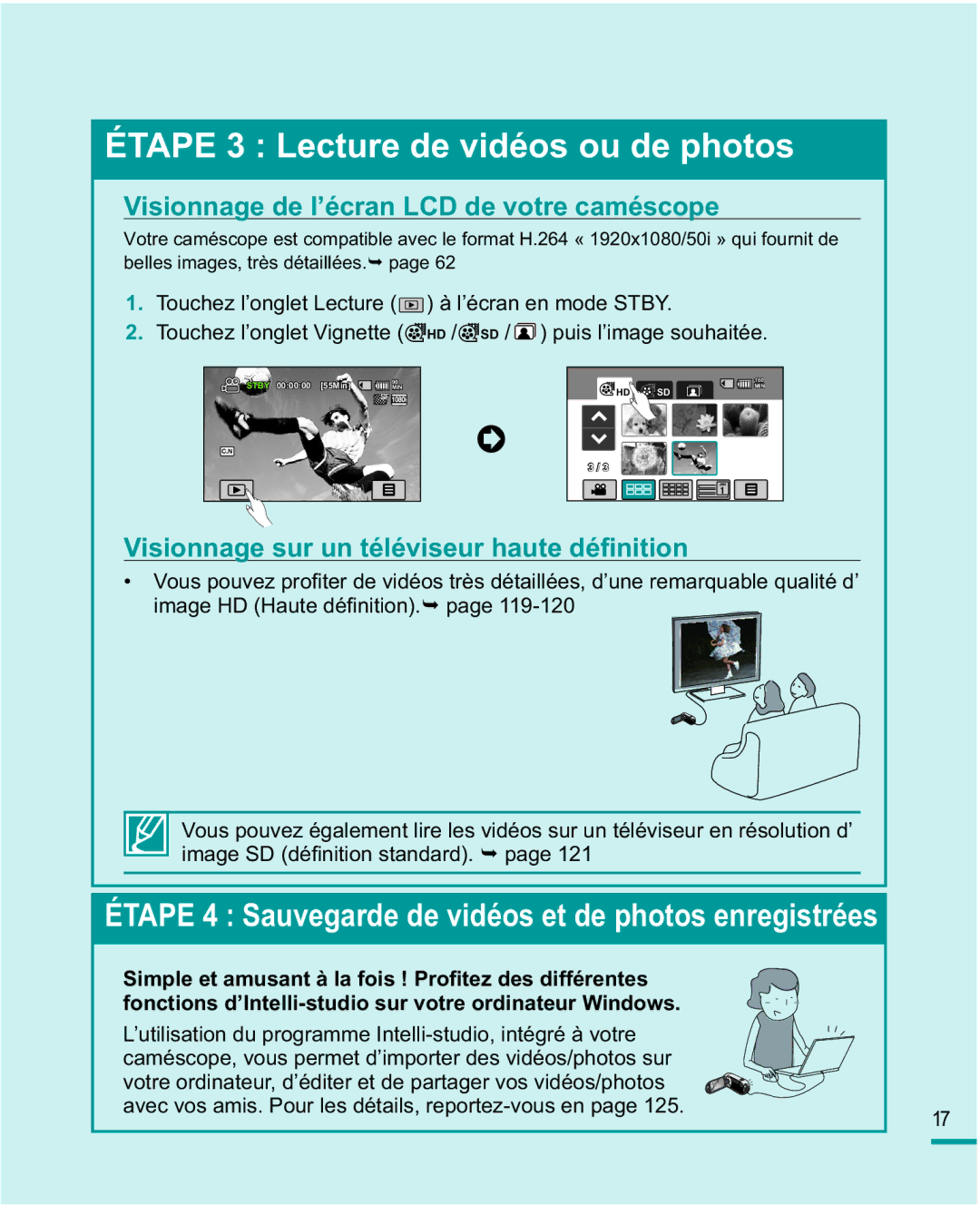 Samsung HMX-R10SP/EDC manual Visionnage de l’écran LCD de votre caméscope, 9LVLRQQDJHVXUXQWpOpYLVHXUKDXWHGp¿QLWLRQ 