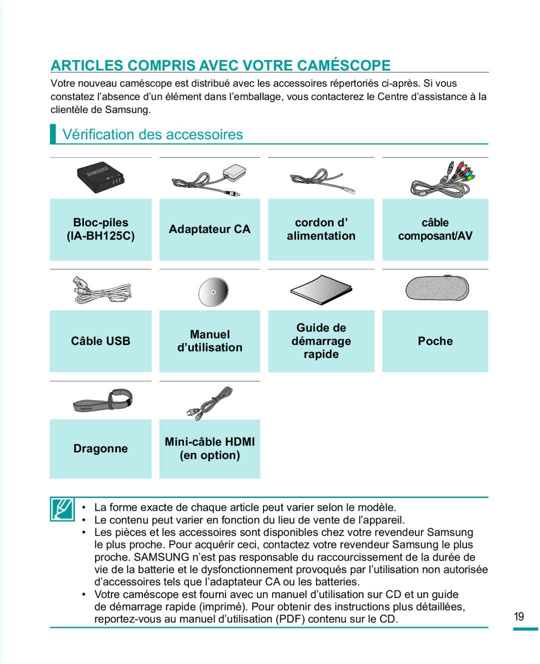 Samsung HMX-R10SP/EDC manual Articles Compris Avec Votre Caméscope, 9pUL¿FDWLRQGHVDFFHVVRLUHV, Adaptateur CA, Câble USB 