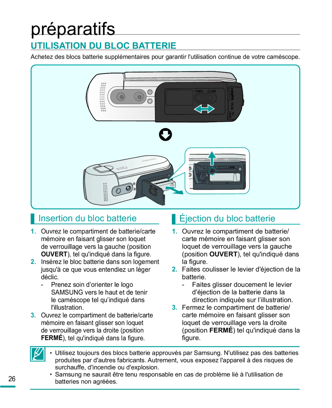 Samsung HMX-R10BP/EDC manual Préparatifs, Utilisation DU Bloc Batterie, Batterie Faites glisser doucement le levier 