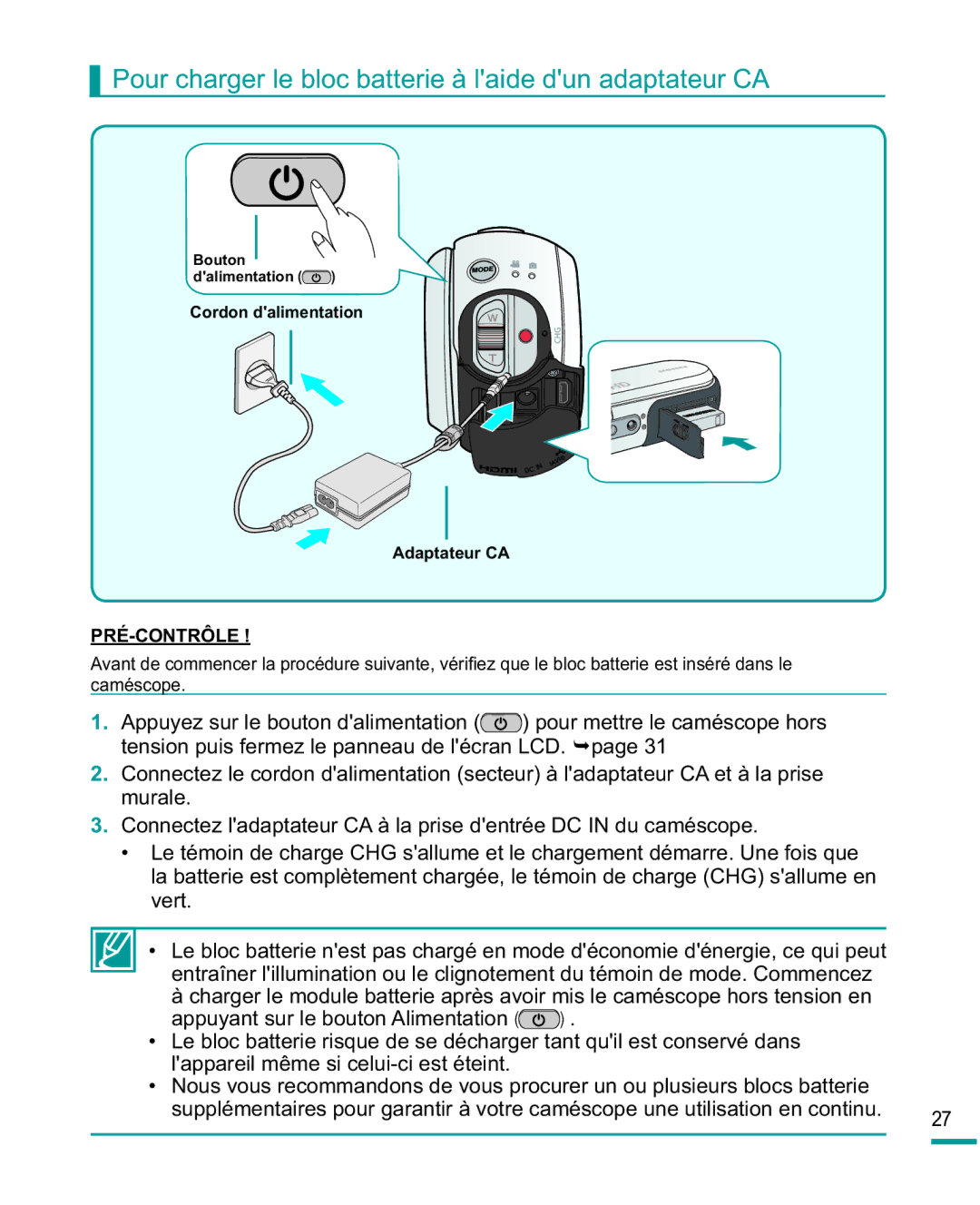 Samsung HMX-R10SP/EDC Pour charger le bloc batterie à laide dun adaptateur CA, Vert, Dssx\DqwVxuOhErxwrq$Olphqwdwlrq 