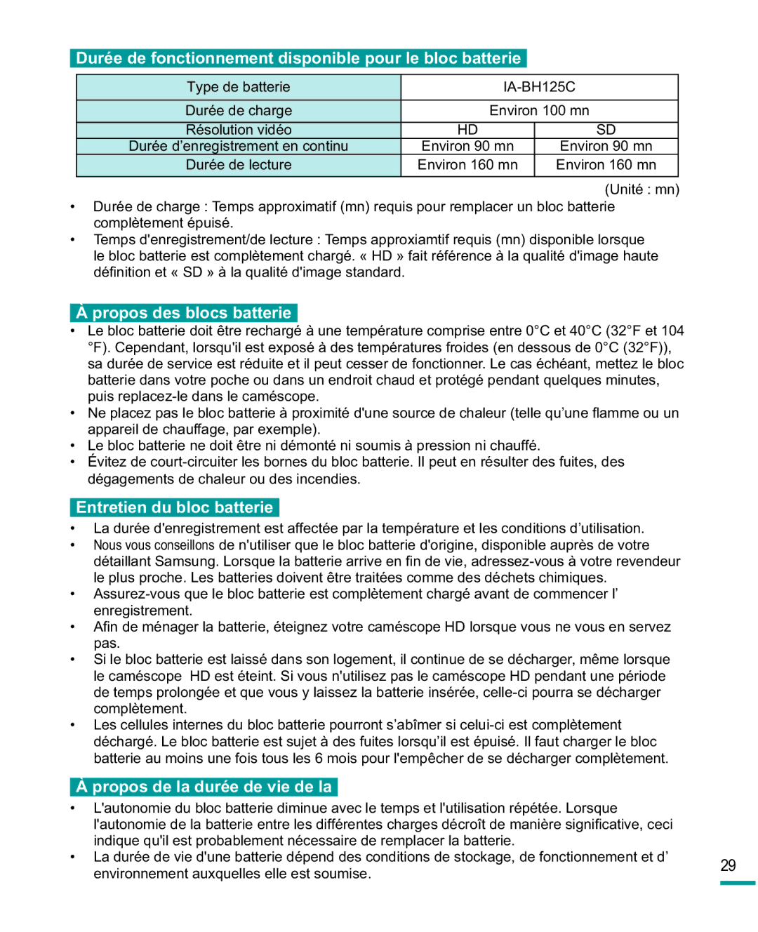 Samsung HMX-R10SP/EDC, HMX-R10BP/EDC Durée de fonctionnement disponible pour le bloc batterie, Propos des blocs batterie 