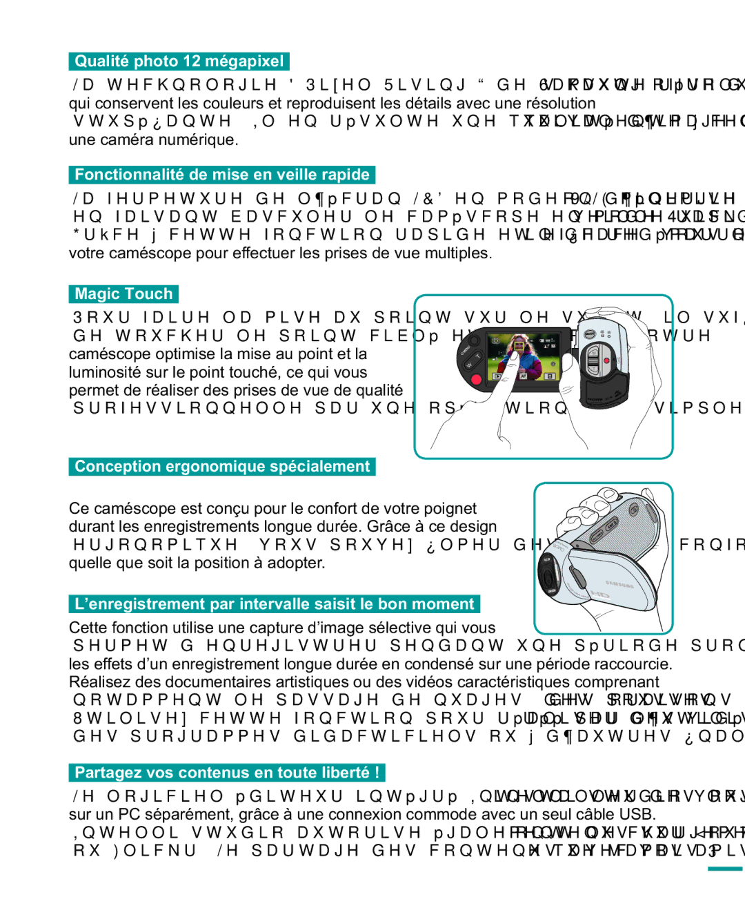 Samsung HMX-R10SP/EDC, HMX-R10BP/EDC manual Qualité photo 12 mégapixel, Fonctionnalité de mise en veille rapide, Magic Touch 