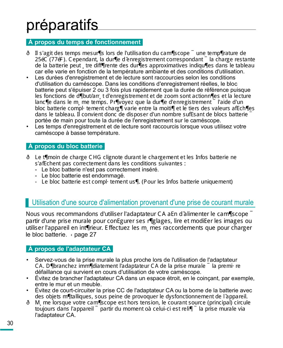 Samsung HMX-R10BP/EDC, HMX-R10SP/EDC Propos du temps de fonctionnement, Propos du bloc batterie, Propos de ladaptateur CA 
