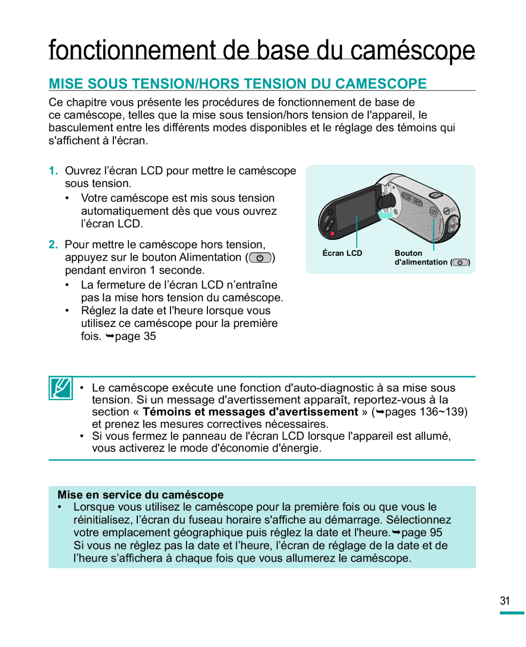 Samsung HMX-R10SP/EDC, HMX-R10BP/EDC Mise Sous TENSION/HORS Tension DU Camescope, Pour mettre le caméscope hors tension 