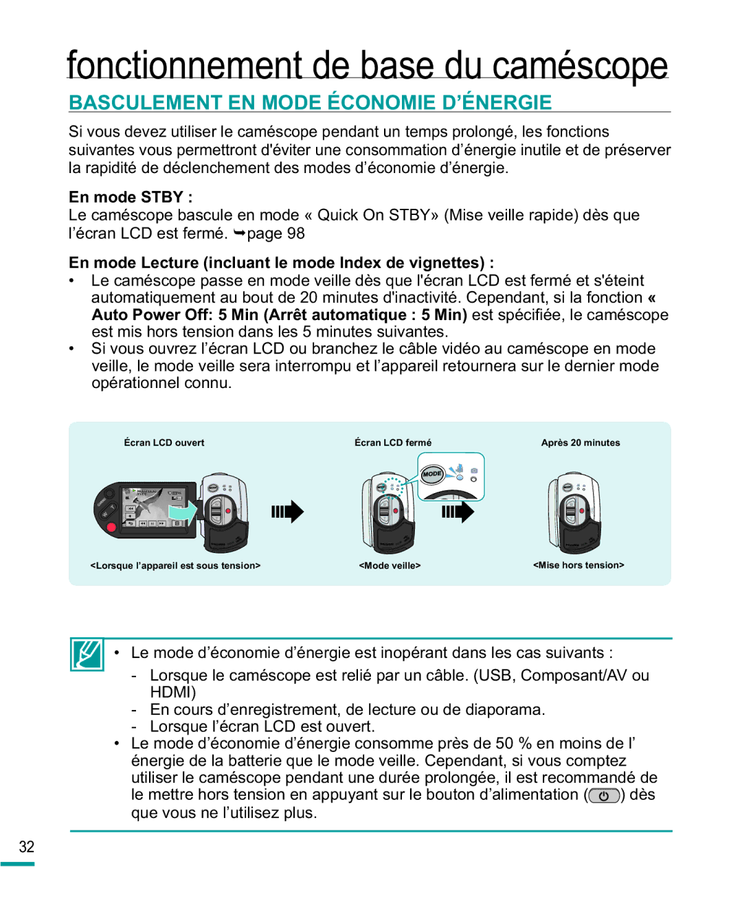 Samsung HMX-R10BP/EDC manual Basculement EN Mode Économie D’ÉNERGIE, En mode Lecture incluant le mode Index de vignettes 