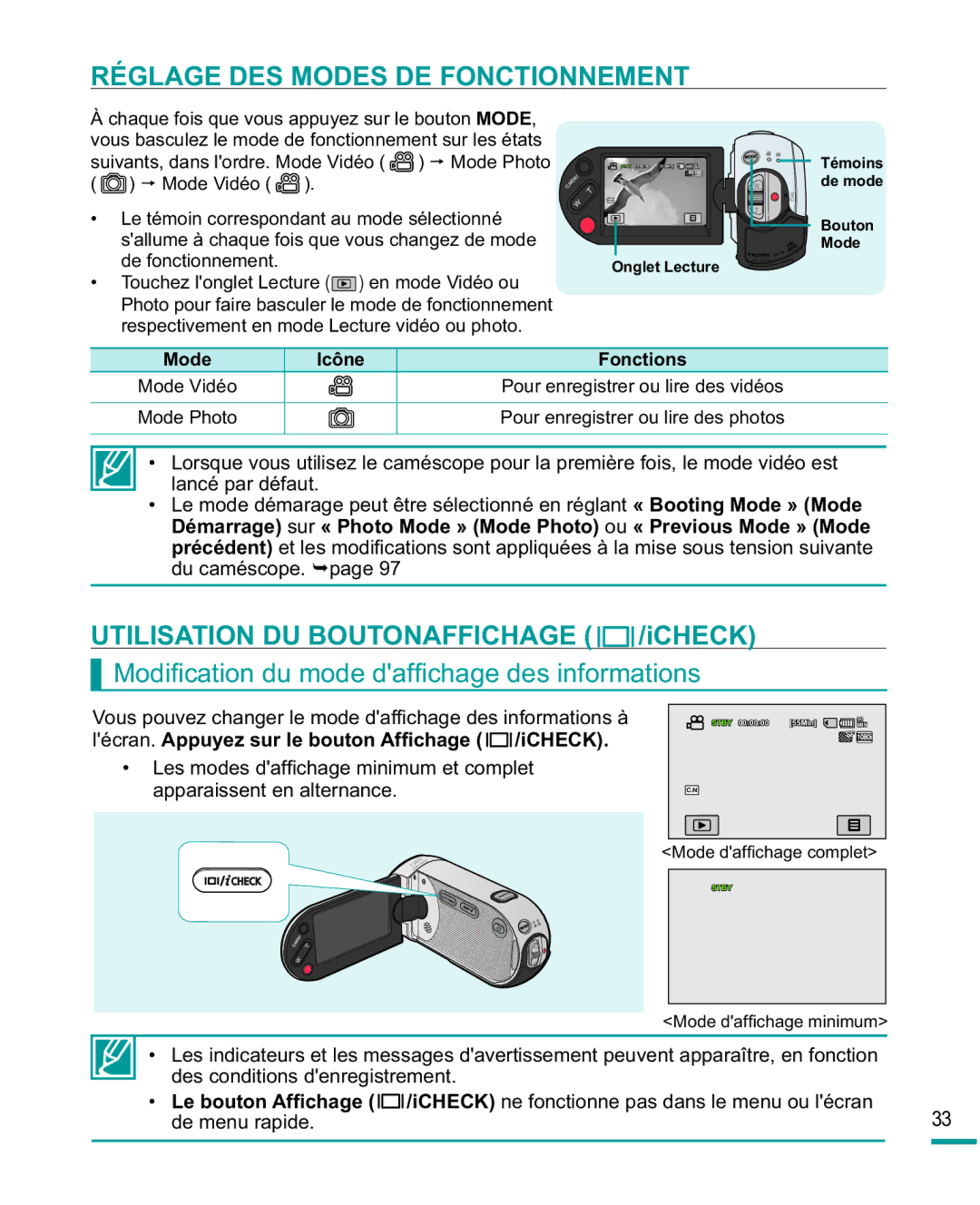 Samsung HMX-R10SP/EDC Réglage DES Modes DE Fonctionnement, Utilisation DU Boutonaffichage /iCHECK, Du caméscope. ¬page 