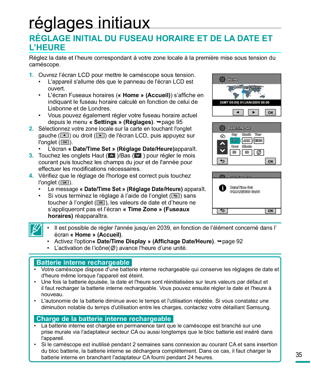 Samsung HMX-R10SP/EDC, HMX-R10BP/EDC manual Réglages initiaux, Réglage Initial DU Fuseau Horaire ET DE LA Date ET L’HEURE 