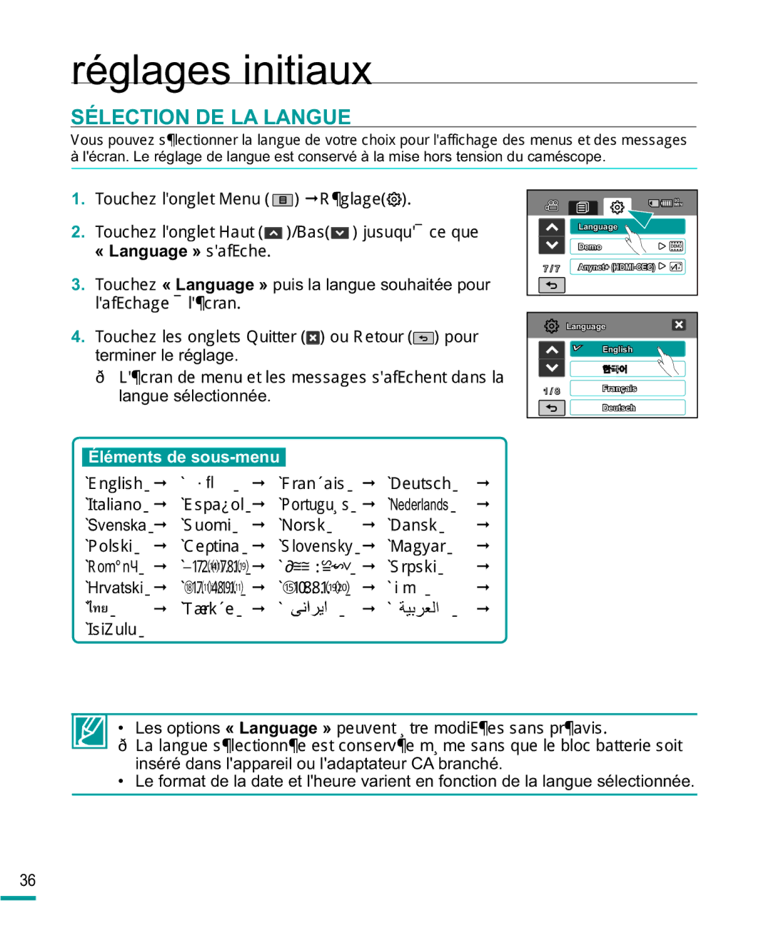 Samsung HMX-R10BP/EDC manual Sélection DE LA Langue, 7RXFKHO RQJOHW0HQX Š5pJODJH , « Language » V DI¿FKH, Š ³DQVN´ 