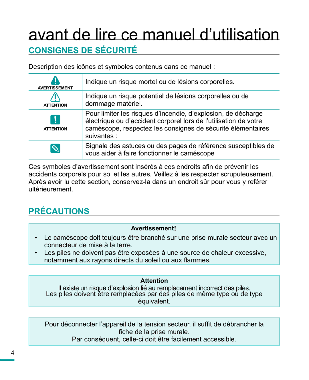 Samsung HMX-R10BP/EDC Avant de lire ce manuel d’utilisation, Consignes DE Sécurité, Précautions, ¿FkhGhOdSulvhPxudoh 