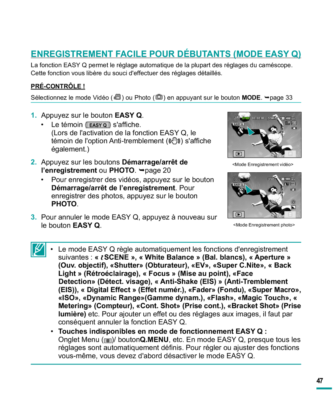 Samsung HMX-R10SP/EDC, HMX-R10BP/EDC manual Enregistrement Facile Pour Débutants Mode Easy Q, $Ssx\HVxuOhErxwrqEasy Q 