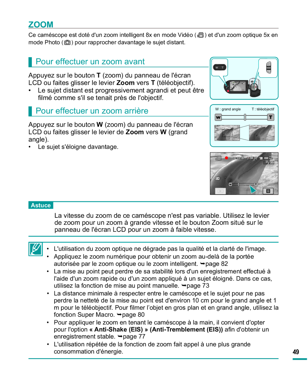 Samsung HMX-R10SP/EDC Zoom, Pour effectuer un zoom avant, 3RXUHIIHFWXHUXQRRPDUULqUH, ‡ /HVXMHWV pORLJQHGDYDQWDJH 