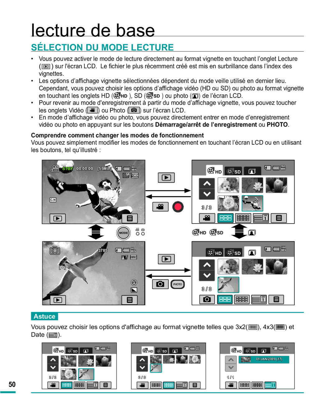 Samsung HMX-R10BP/EDC Lecture de base, Sélection DU Mode Lecture, Vignettes, OHVRQJOHWV9LGpR ou Photo sur l’écran LCD 