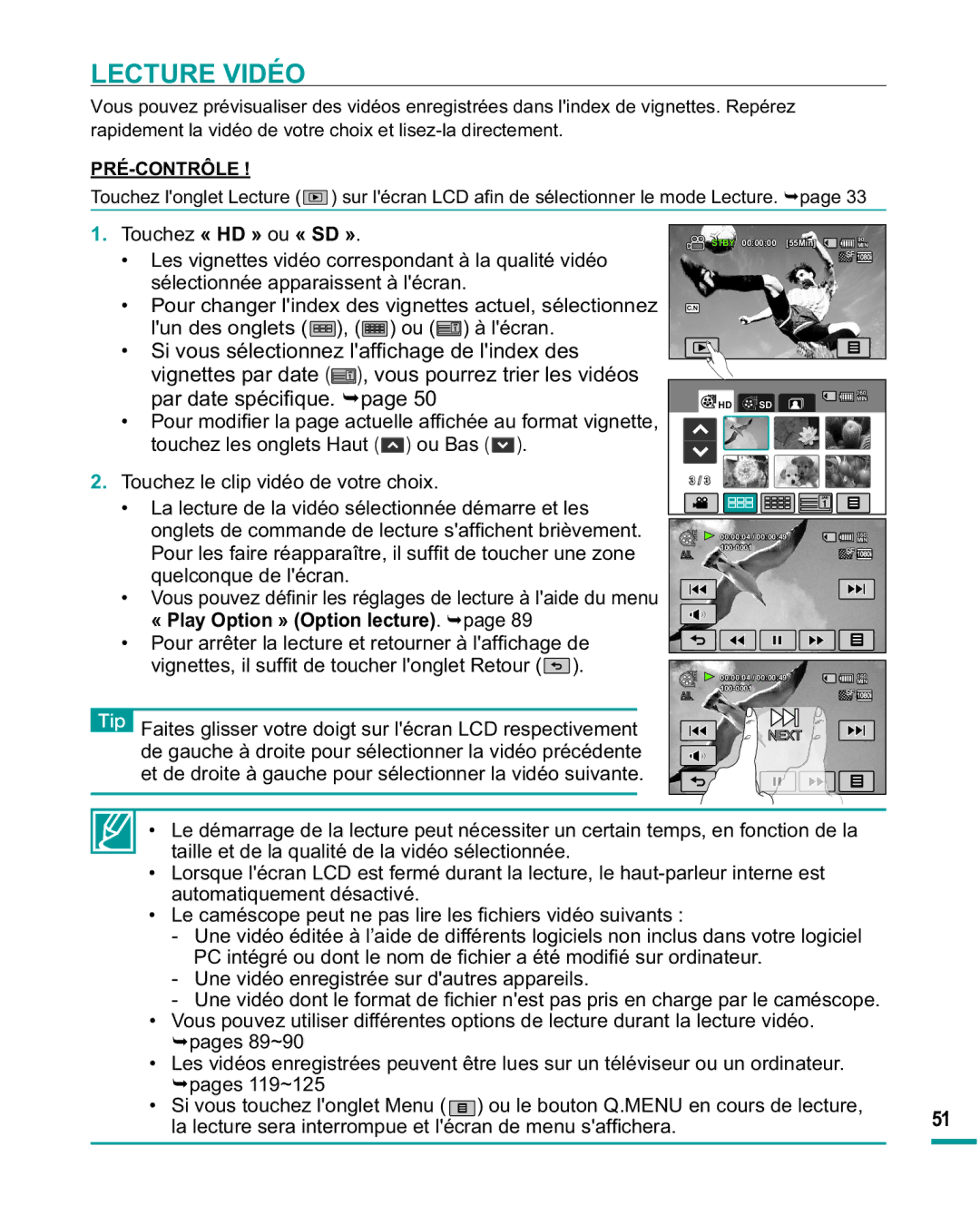 Samsung HMX-R10SP/EDC, HMX-R10BP/EDC manual Lecture Vidéo, SDUGDWHVSpFL¿TXH¬page, 7RXFKH« HD » ou « SD » 