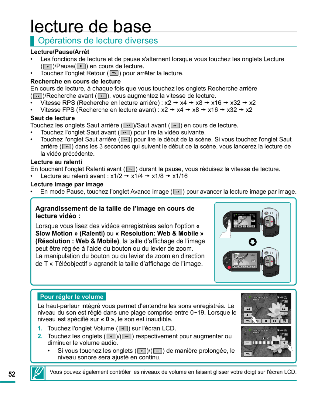 Samsung HMX-R10BP/EDC manual Opérations de lecture diverses, Lecture/Pause/Arrêt, Saut de lecture, Lecture au ralenti 