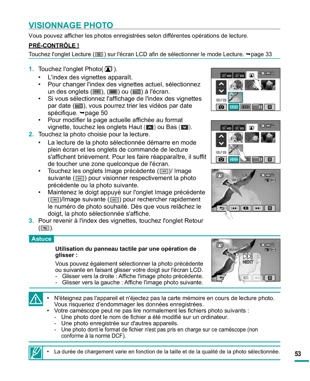 Samsung HMX-R10SP/EDC, HMX-R10BP/EDC manual Visionnage Photo, Vignette, touchez les onglets Haut ou Bas 