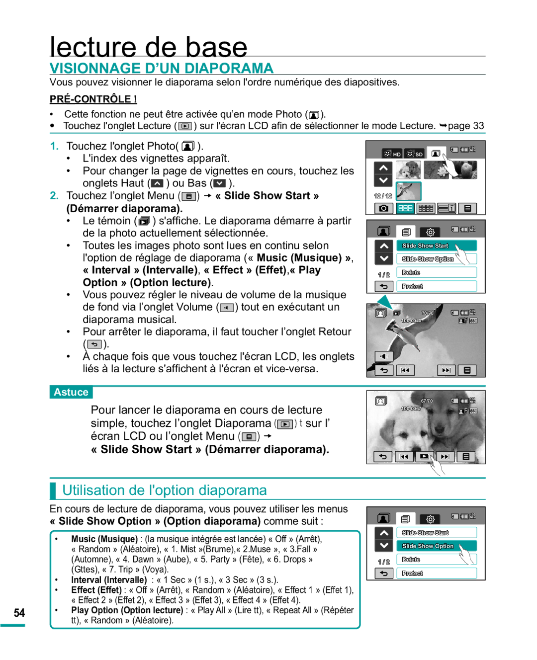 Samsung HMX-R10BP/EDC Visionnage D’UN Diaporama, Utilisation de loption diaporama, « Slide Show Start » Démarrer diaporama 