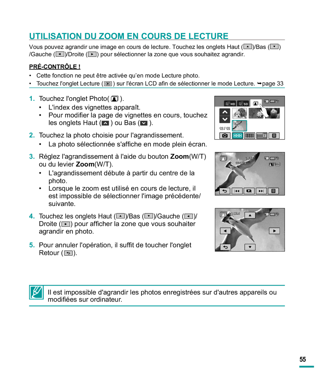 Samsung HMX-R10SP/EDC Utilisation DU Zoom EN Cours DE Lecture, 7RXFKHO RQJOHW3KRWR , Lindex des vignettes apparaît 