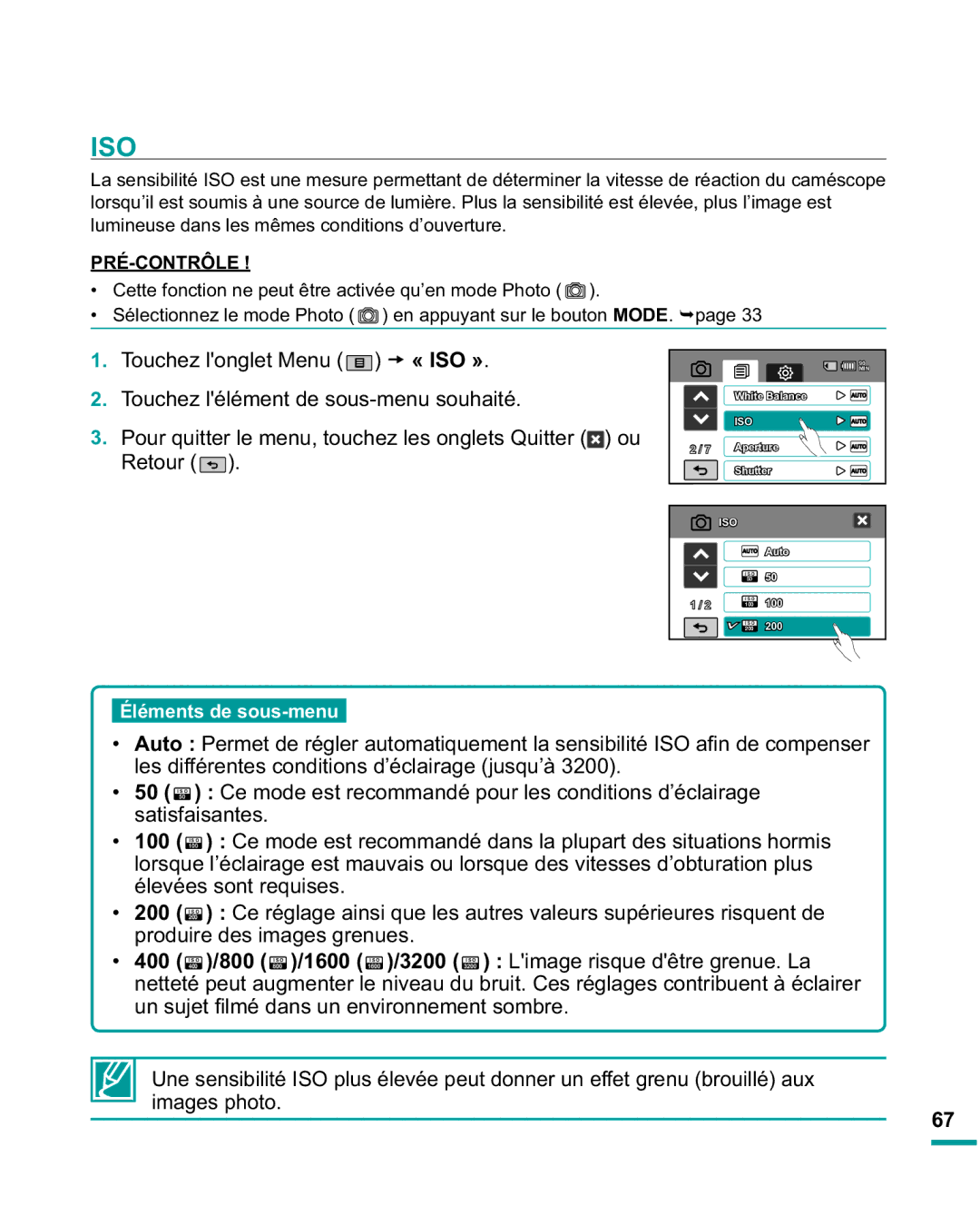 Samsung HMX-R10SP/EDC, HMX-R10BP/EDC manual Iso, 100, 200, 400, 800 