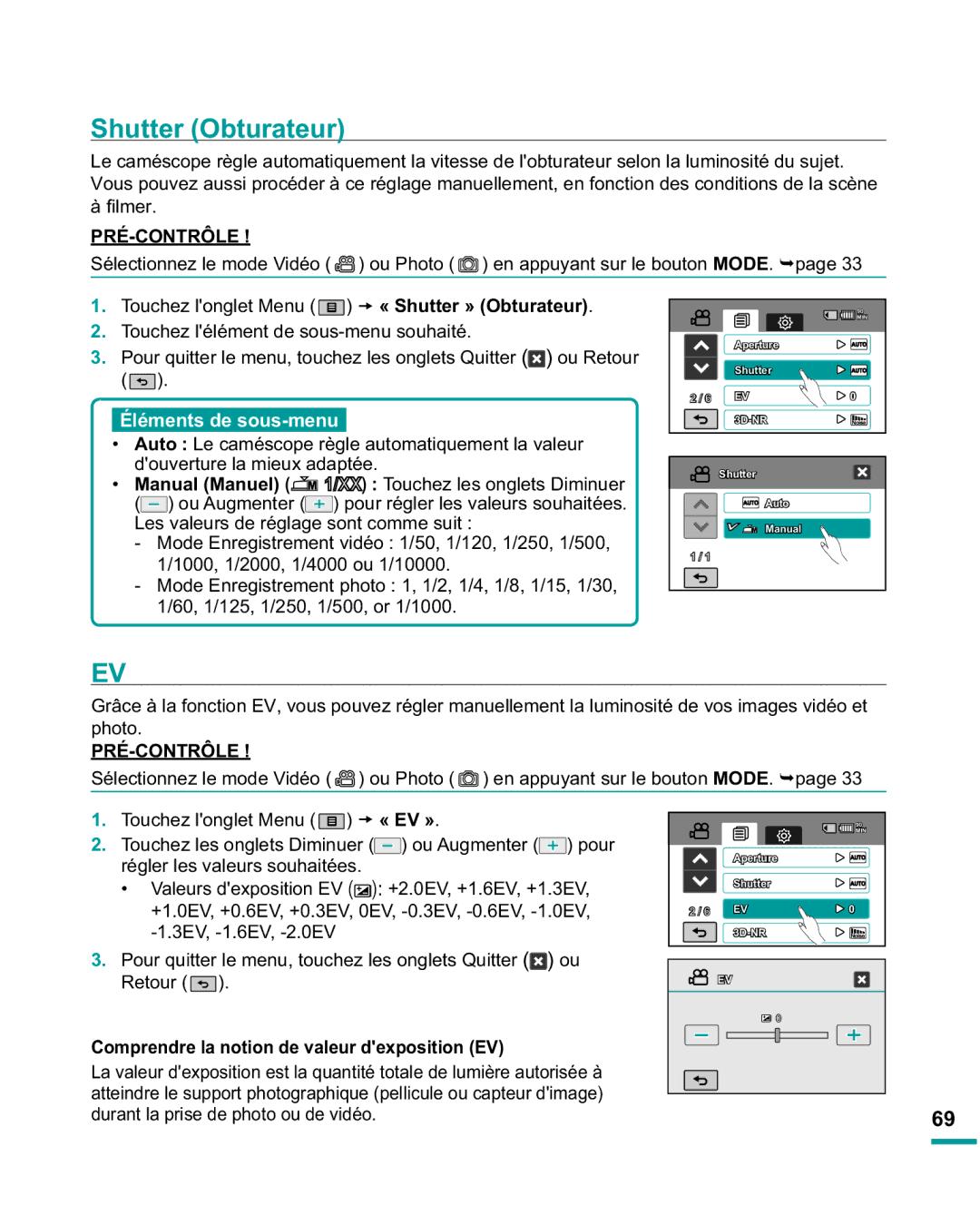 Samsung HMX-R10SP/EDC, HMX-R10BP/EDC manual Shutter Obturateur, Manual Manuel, Comprendre la notion de valeur dexposition EV 