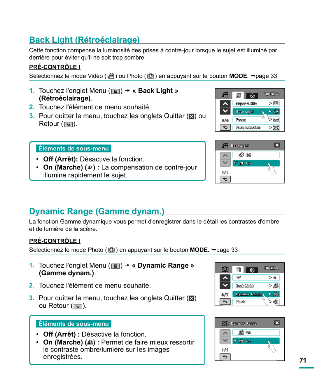 Samsung HMX-R10SP/EDC, HMX-R10BP/EDC Back Light Rétroéclairage, Dynamic Range Gamme dynam, LooxplqhUdslghphqwOhVxmhw 