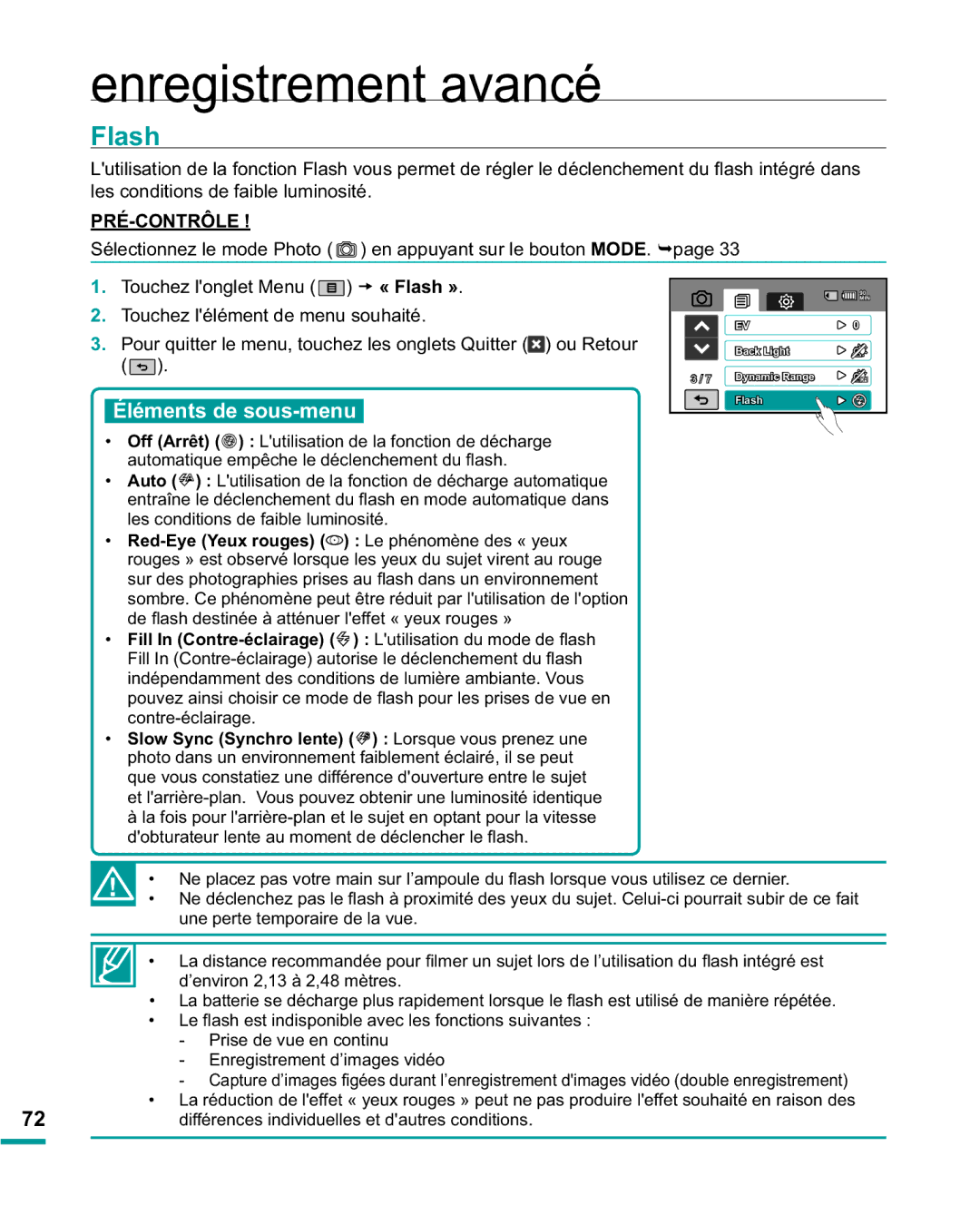 Samsung HMX-R10BP/EDC manual Flash, Éléments de sous-menu, VxuGhvSkrwrjudsklhvSulvhvDxÀdvkGdqvXqHqylurqqhphqw 