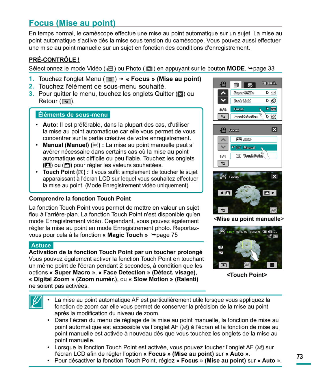 Samsung HMX-R10SP/EDC, HMX-R10BP/EDC manual Focus Mise au point, Comprendre la fonction Touch Point, Mise au point manuelle 